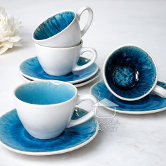 Кавовий сервіз (набір) Scandium 100 мл 4 чашки із блюдцями блакитного кольору, білі зовні