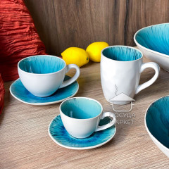 Кавовий сервіз (набір) Scandium 100 мл 4 чашки із блюдцями блакитного кольору, білі зовні