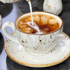 Чайний сервіз (набір) 4 чашки 240 мл + блюдця з кераміки Old Bavaria, молочного кольору, з коричневою окантовкою та вкрапленнями