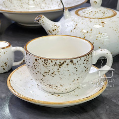 Чайний сервіз (набір) 4 чашки 240 мл + блюдця з кераміки Old Bavaria, молочного кольору, з коричневою окантовкою та вкрапленнями