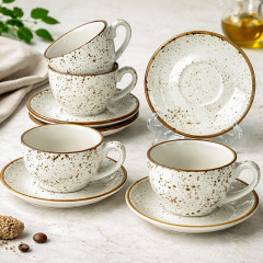 Чайний сервіз (набір) 4 чашки 240 мл + блюдця з кераміки Old Bavaria, молочного кольору, з коричневою окантовкою та вкрапленнями