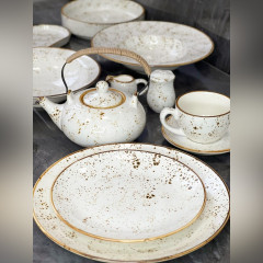 Чайний сервіз (набір) 4 чашки 240 мл + блюдця з кераміки Old Bavaria, молочного кольору, з коричневою окантовкою та вкрапленнями