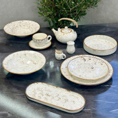 Чайний сервіз (набір) 4 чашки 240 мл + блюдця з кераміки Old Bavaria, молочного кольору, з коричневою окантовкою та вкрапленнями