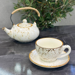 Чайний сервіз (набір) 4 чашки 240 мл + блюдця з кераміки Old Bavaria, молочного кольору, з коричневою окантовкою та вкрапленнями