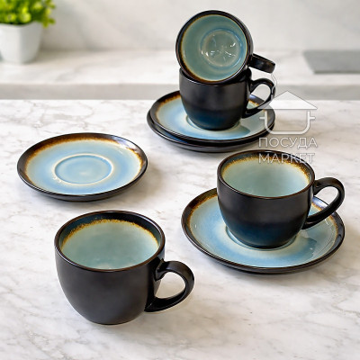 Чайний сервіз (набір) 4 чашки 300 мл + блюдця з кераміки Desert Sun, ніжно-блакитний, чорний зовні