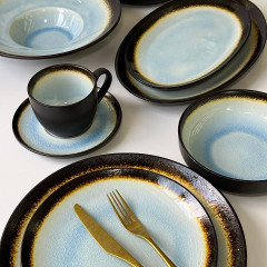 Чайний сервіз (набір) 4 чашки 300 мл + блюдця з кераміки Desert Sun, ніжно-блакитний, чорний зовні