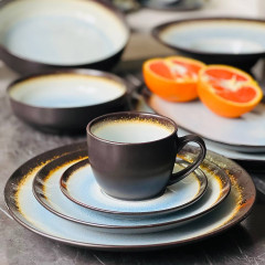 Чайний сервіз (набір) 4 чашки 300 мл + блюдця з кераміки Desert Sun, ніжно-блакитний, чорний зовні