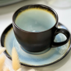 Чайний сервіз (набір) 4 чашки 300 мл + блюдця з кераміки Desert Sun, ніжно-блакитний, чорний зовні