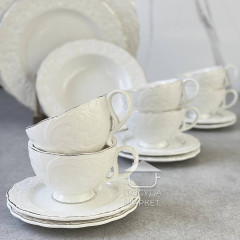 Набір (сервіз) 6 чашок 200 мл з блюдцями Ivory Elegance, порцеляна, рельєфний візерунок, колір слонової кістки