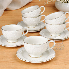 Набір (сервіз) 6 чашок 200 мл з блюдцями Ivory Elegance, порцеляна, рельєфний візерунок, колір слонової кістки