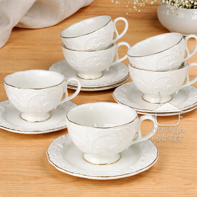 Набір (сервіз) 6 чашок 200 мл з блюдцями Ivory Elegance, порцеляна, рельєфний візерунок, колір слонової кістки Набір (сервіз) 6 чашок 200 мл з блюдцями Ivory Elegance, порцеляна, рельєфний візерунок, колір слонової кістки