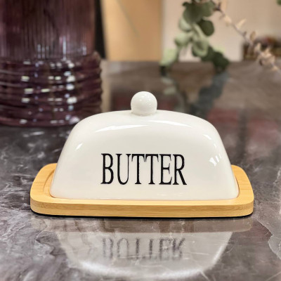 Масленка бамбуковая для масла с керамической крышкой Butter, белая