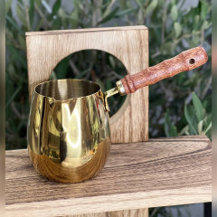 Турка для кави Golden Guji 300 мл, сталева з дерев’яною ручкою, золоте покриття