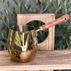 Турка для кави Golden Guji 450 мл, сталева з дерев’яною ручкою, золоте покриття