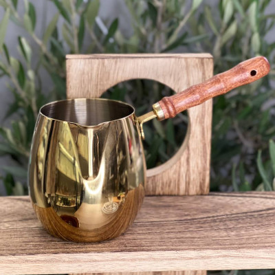Турка для кави Golden Guji 450 мл, сталева з дерев’яною ручкою, золоте покриття