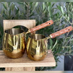 Турка для кави Golden Guji 450 мл, сталева з дерев’яною ручкою, золоте покриття