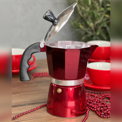 Фото 2 -Гейзерна кавоварка Como 300 мл (6 чашок), алюмінієва, червона