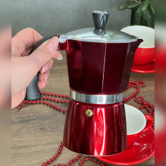 Гейзерна кавоварка Como 300 мл (6 чашок), алюмінієва, червона