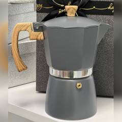 Гейзерна кавоварка Tuscany 300 мл, сірого кольору з дерев’яною ручкою, на 6 чашок