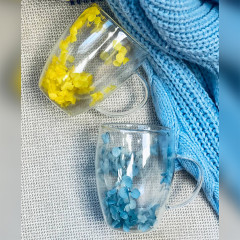 Чашка з подвійними стінками 350 мл Flora Glass 2, скляний кухоль з квітковим декором жовтих пелюсток
