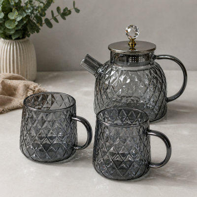 Чайний набір Dark Rhombus чайник 1,5 л і 2 чашки 350 мл з темного скла та ромбічним рельєфом