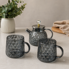 Чайний набір Dark Rhombus чайник 1л і 2 чашки 350 мл з темного скла та ромбічним рельєфом