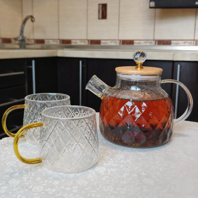 Чайний набір Rhombus чайник 1л і 2 чашки 350 мл, прозоре скло з текстурованим рельєфом ромба