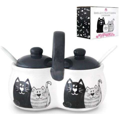 Фото 2 -Банка для специй «Мурчики» двойная (2х300мл) керамическая с ложечками