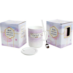 Кружка фарфорова Акварель 430мл з кришкою і ложкою