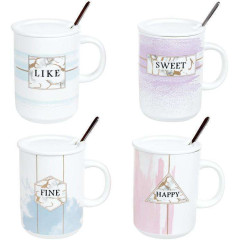 Кружка фарфорова Акварель 430мл з кришкою і ложкою