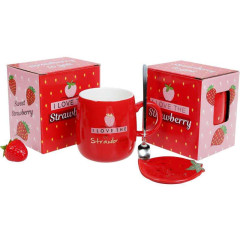 Кружка фарфорова Полуничка 420мл з кришкою і ложкою, червона