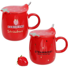 Кружка фарфорова Полуничка 420мл з кришкою і ложкою, червона