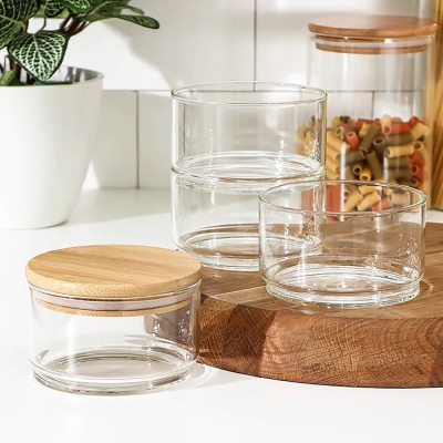 Фото 2 -Набор 4 стеклянных емкостей Cadassi 400 мл, банка 4 в 1 для хранения продуктов с бамбуковой крышкой
