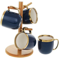 Чайный набор Золотая Линия 4 кружка 320мл на бамбуковой стойке, темно-синий