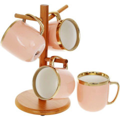 Чайний набір Золота Лінія 4 кружки 320мл на бамбуковій стійці, пудровий