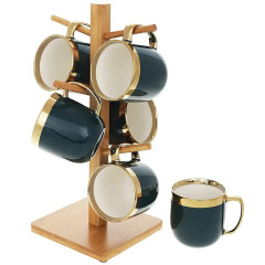Набор 6 шт фарфоровых кружек 320 мл для чая и кофе на бамбуковой стойке