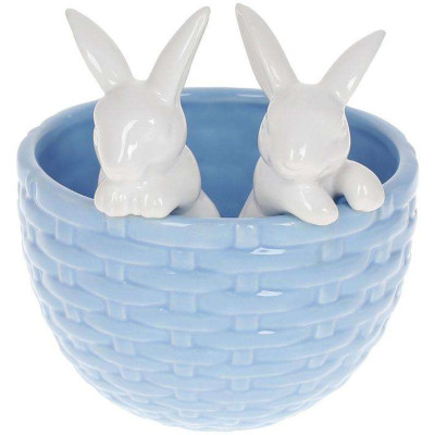Декоративное кашпо Кролики в корзине 14х13.5х15см, керамика, голубой с белым