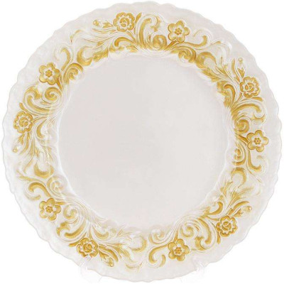 Блюдо сервировочное 33см, подставная тарелка, стекло, белое с золотым узорным кантом.