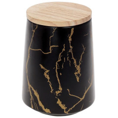 Банка порцелянова Мармурова Розкіш 720мл чорний із золотом, з бамбуковою кришкою