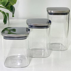 Квадратна скляна кухонна банка велика 1350 мл для зберігання сипучих продуктів «Сталева вежа» зі сталевою кришкою