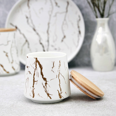 Фото 2 -Банка фарфоровая Мраморная Роскошь 520 мл белый с золотом, с бамбуковой крышкой Фото 2 -Банка фарфоровая Мраморная Роскошь 520 мл белый с золотом, с бамбуковой крышкой