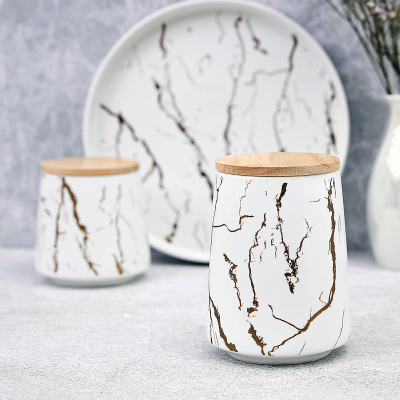 Фото 2 -Банка фарфоровая Мраморная Роскошь 720мл белый с золотом, с бамбуковой крышкой Фото 2 -Банка фарфоровая Мраморная Роскошь 720мл белый с золотом, с бамбуковой крышкой