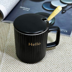 Кружка чорна керамічна «Вишуканий смак» 350мл з кришкою та ложкою