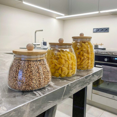 Кухонная банка 950 мл для хранения сыпучих продуктов, стеклянная с бамбуковой крышкой Бамбук 