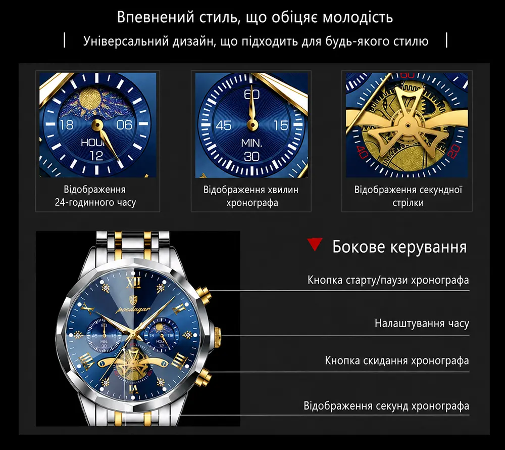 Чоловічий кварцовий годинник з хронографом та металевим браслетом, індикатор дня і ночі, стильний діловий годинник