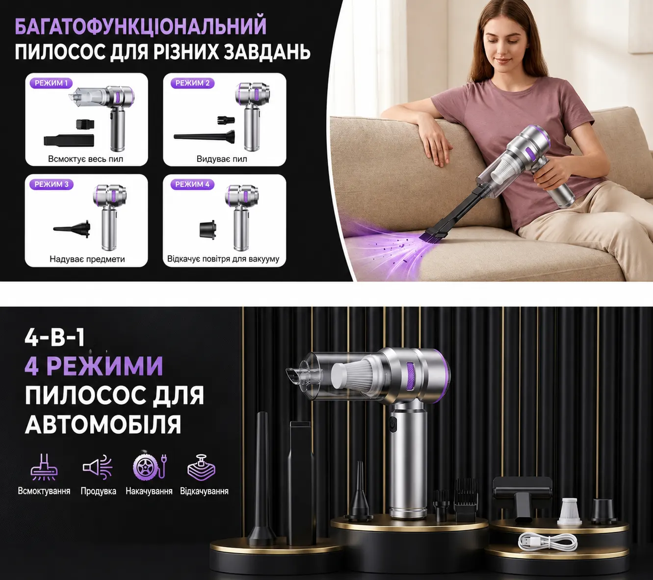 Огляд акумуляторного портативного автопилососа 3 в 1 з функцією продувки та насоса, бездротовий міні пилосос для авто і дому, 6500 Pa