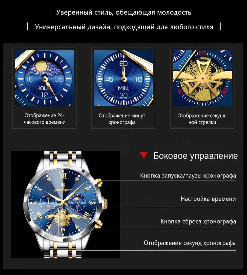 Чоловічий кварцовий годинник з хронографом та металевим браслетом, індикатор дня і ночі, стильний діловий годинник